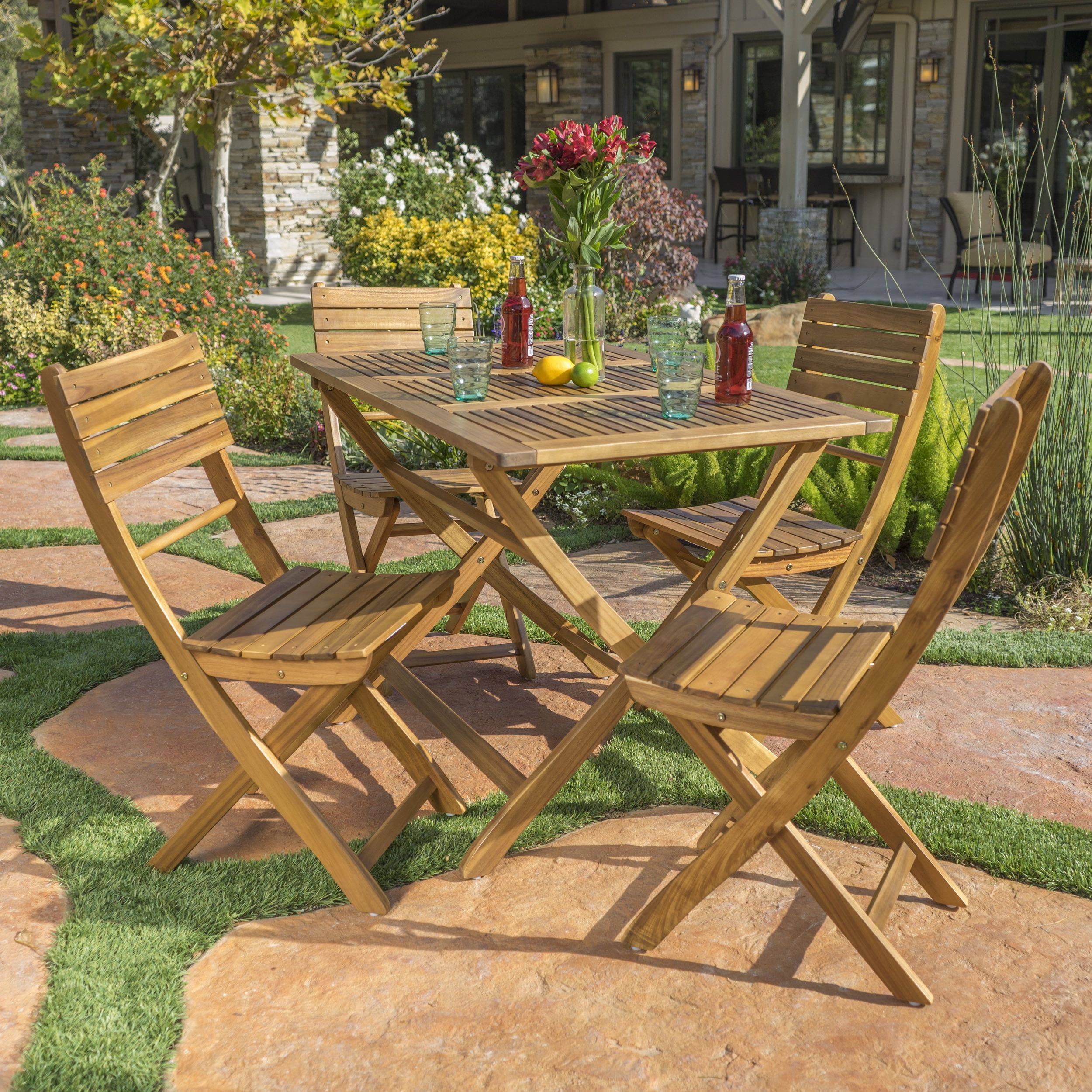 Bristle Outdoor Acacia Wood Foldable Dining Set, Natural Finish ... regarding Foldable Dining Set Outdoor