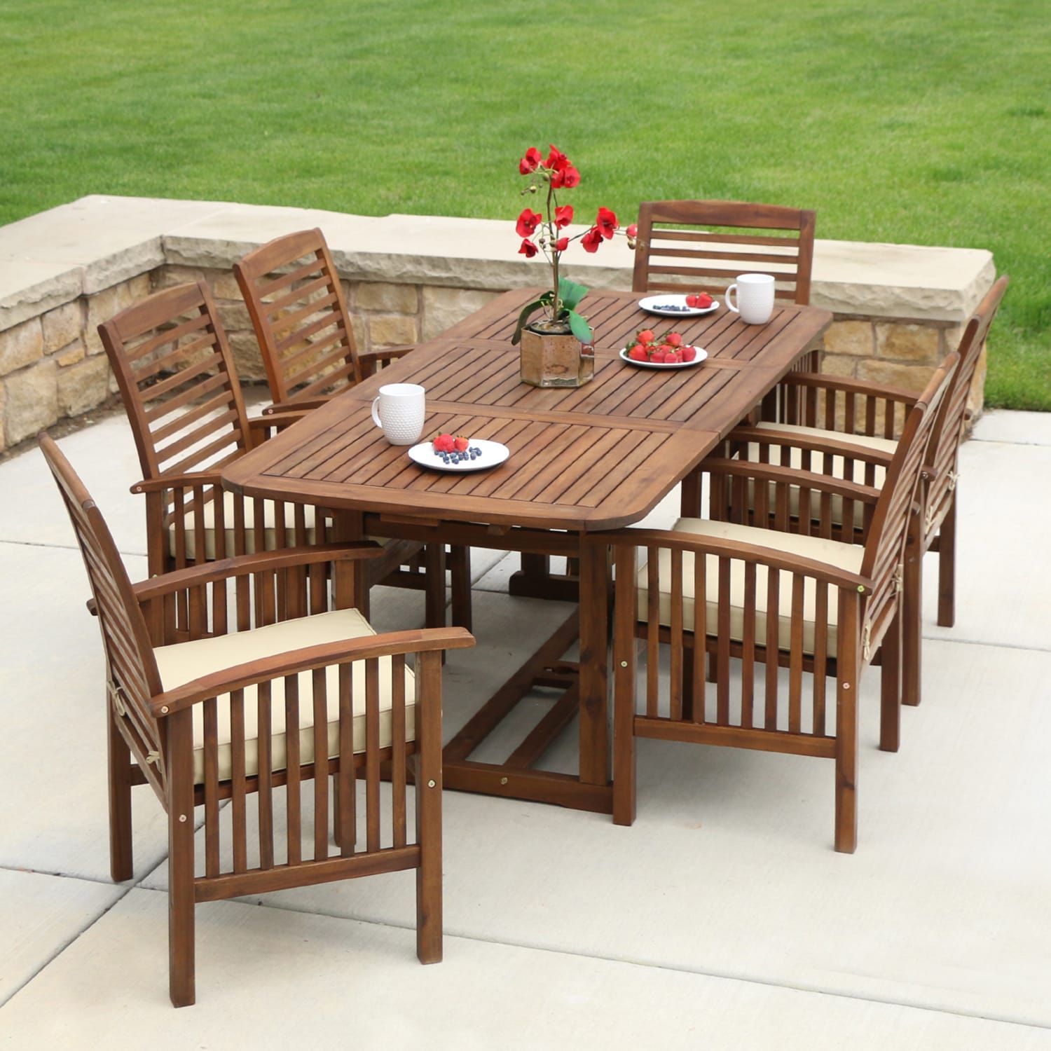 Dark Brown Acacia 7-Piece Dining Set | Patio Furniture Sets, Outdoor ... throughout Transforming Small Patios with Compact and Stylish Dining Sets