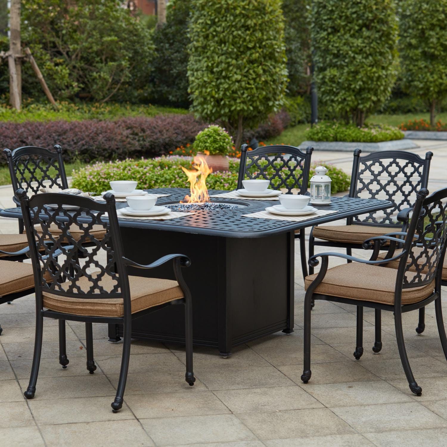 Madison 9 Pc Cast Aluminum Fire Pit Dining Set W/ 64 Inch Square ... intended for Essential Tips for Using Fire Pit Lids as Standard Dining Surfaces