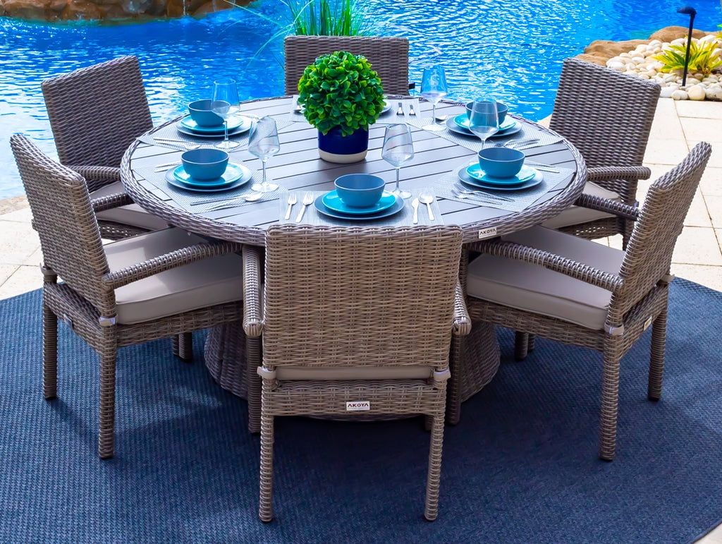 Tuscany 7-Piece Resin Wicker Outdoor Patio Furniture Round Dining Table ... with regard to Choosing between teak and acacia for your seven piece patio set in 2026