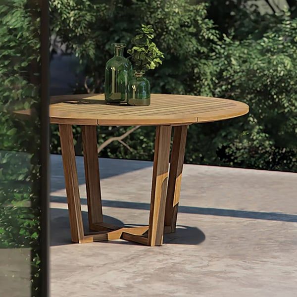Modern Round Teak Wood 6 Person Outdoor Patio Dining Table In Natural ... regarding The Hidden Durability Secrets of Acacia and Teak Patio Tables